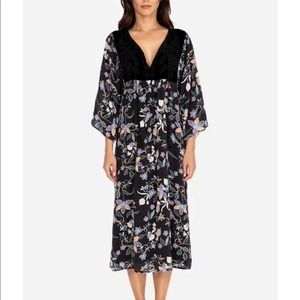 JOHNNY WAS Jade Remi Yoke silk velvet black floral midi dress